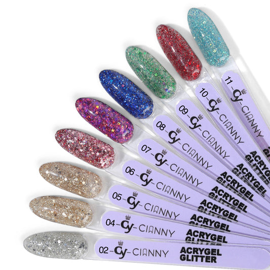 Acrygel, producto ideal para construir o alargar las uñas, fácilmente moldeable aporta resistencia y dureza. Bellos colores con glitter añadido.