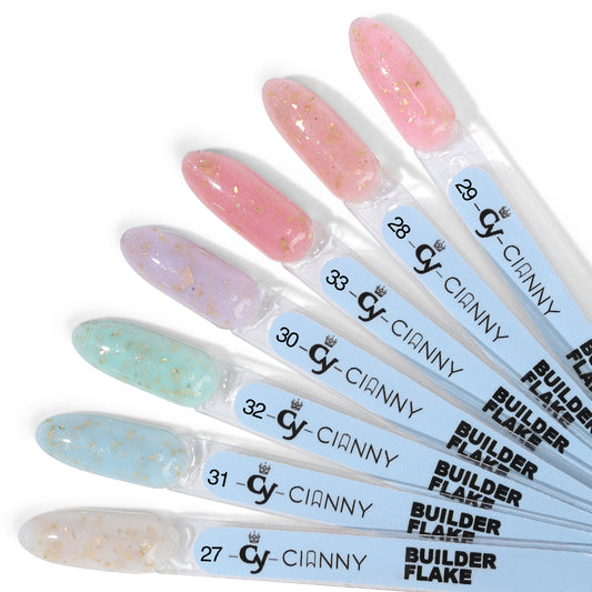 Gel de construcción, de alta viscosidad y resistencia para construir uñas. En tonos delicados y con flakes añadidos.