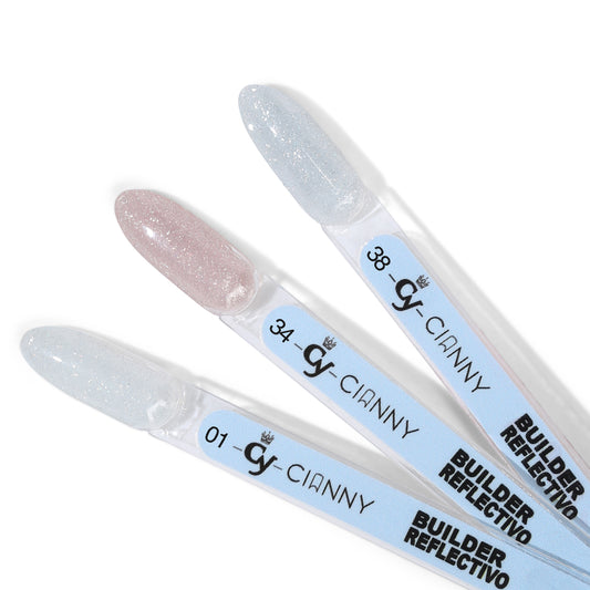 Gel de construcción, de alta viscosidad y resistencia para construir uñas. Colores reflectivos que se activan con la luz.