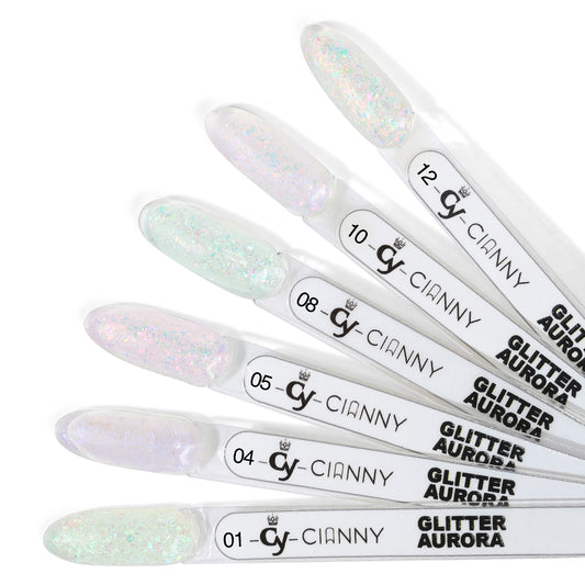 Gel de alta saturación con efecto flakes de color aurora boreal.