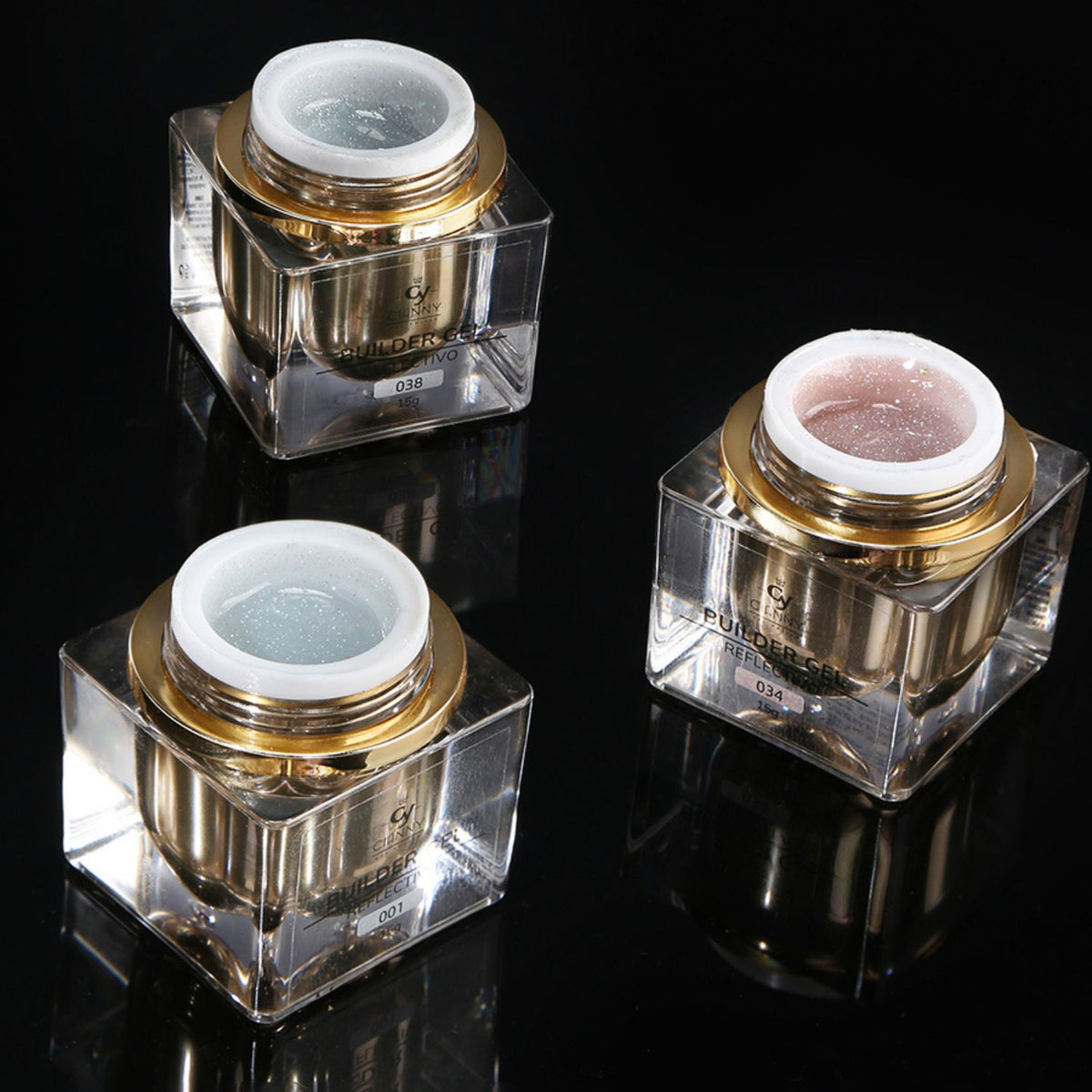 Gel de construcción, de alta viscosidad y resistencia para construir uñas. Colores reflectivos que se activan con la luz.