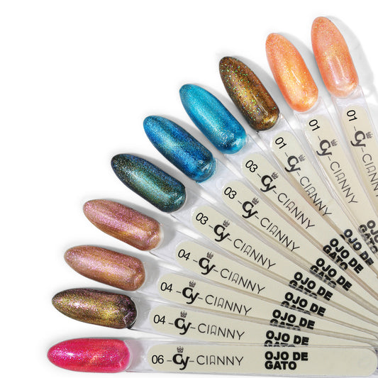 Gel polish con efecto ojo de gato, partículas magnéticas generan diversas luces y colores en las uñas. Con destellos en glitter y microglitter.