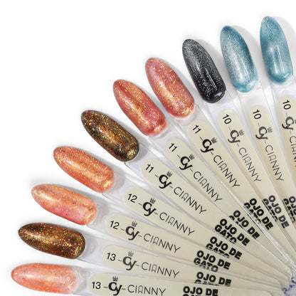 Gel polish con efecto ojo de gato, partículas magnéticas generan diversas luces y colores en las uñas. Con destellos en glitter y microglitter.