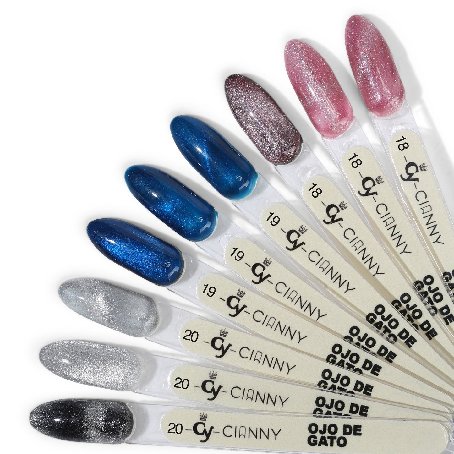 Gel polish con efecto ojo de gato, partículas magnéticas generan diversas luces y colores en las uñas. Con destellos en glitter y microglitter.