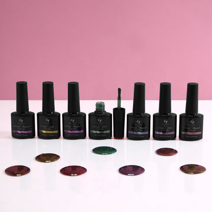 Gel polish con efecto ojo de gato, partículas magnéticas generan diversas luces y colores en las uñas. &nbsp;Nueva colección efecto bicolor con destellos y microglitter.