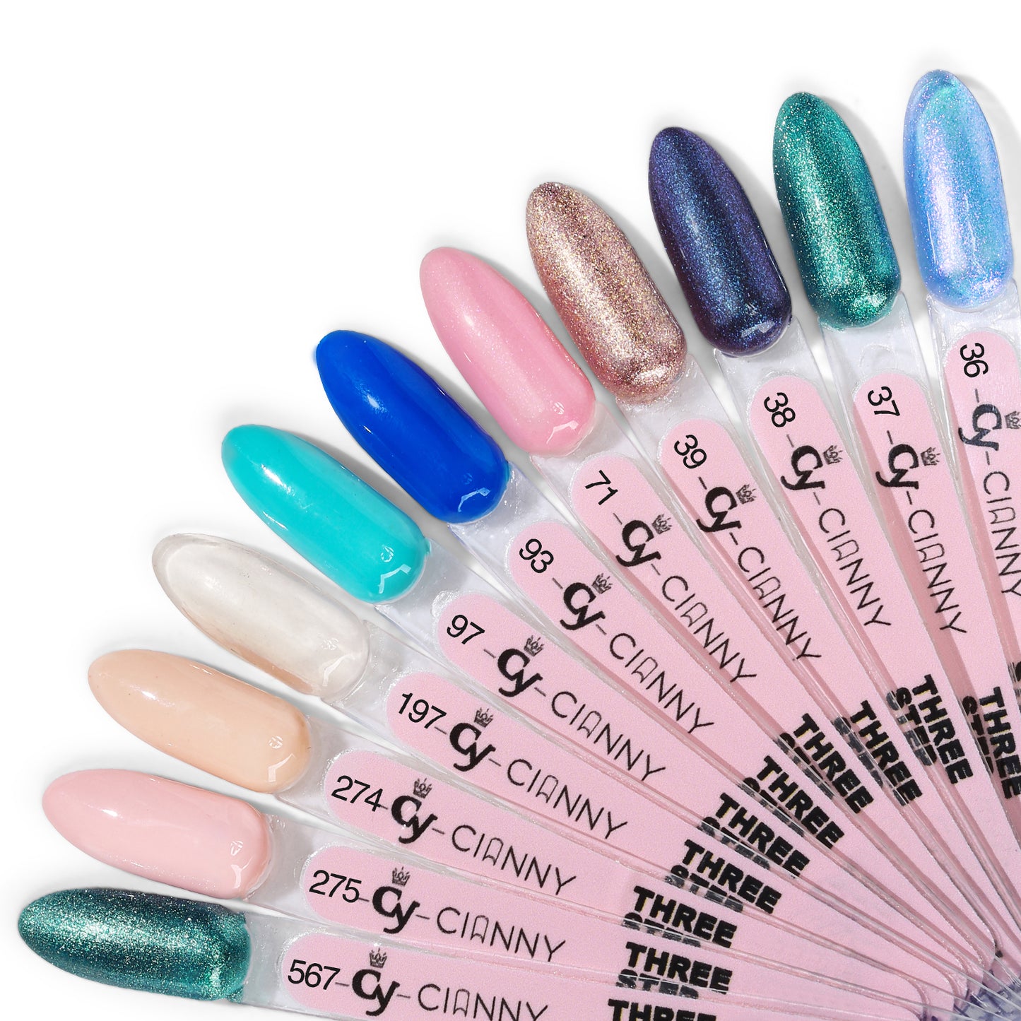 Gel polish de alta pigmentación y con colores vibrantes de alta saturación y destellos.