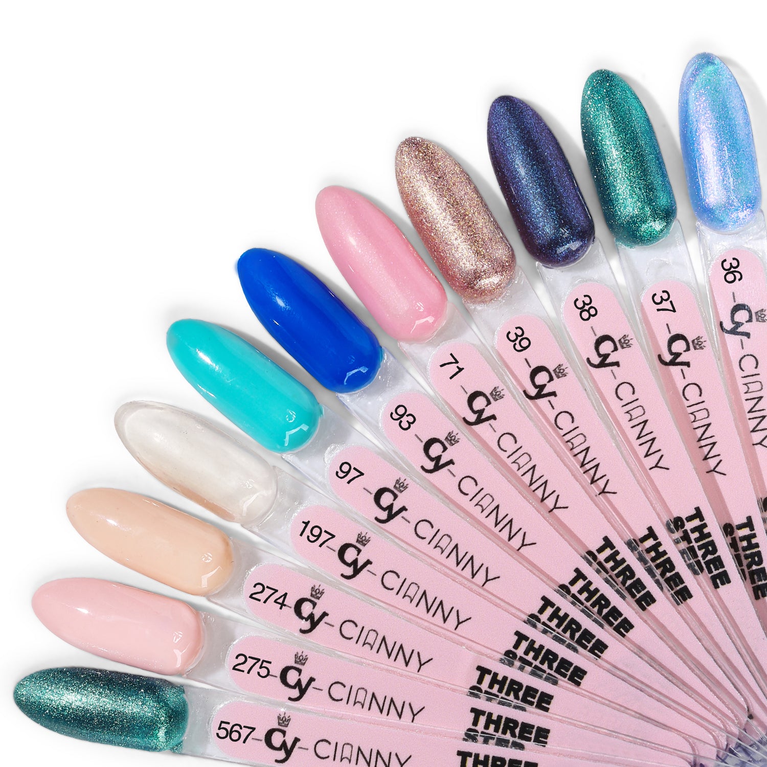 Gel polish de alta pigmentación y con colores vibrantes de alta saturación y destellos.
